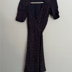 Black Floral Midi Wrap Dress with Short Sleeves